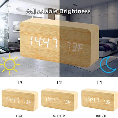 Woodgrain Luxe LED Alarm Clock Digital Wooden Desk Clock With Temperature Display 2