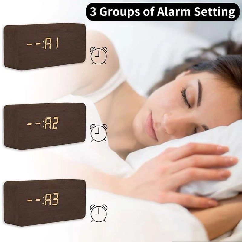 Woodgrain Luxe LED Alarm Clock Digital Wooden Desk Clock With Temperature Display 6