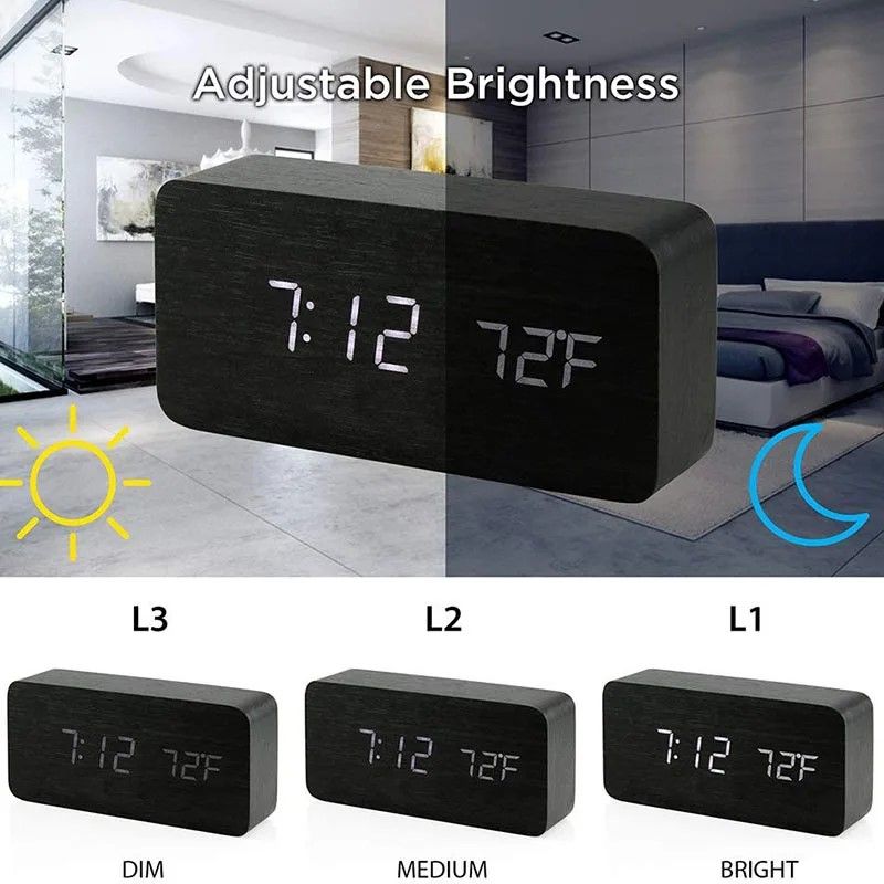 Woodgrain Luxe LED Alarm Clock Digital Wooden Desk Clock With Temperature Display 8