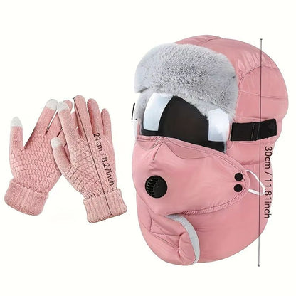 Winter Windproof Riding Hat With Earmuffs Mask  Goggles 2Piece Set 2