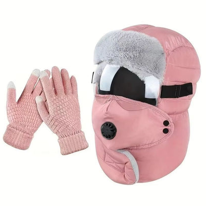 Winter Windproof Riding Hat With Earmuffs Mask  Goggles 2Piece Set 6