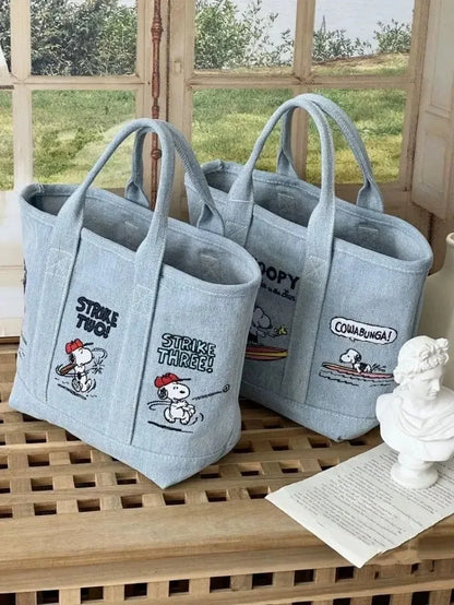Canvas Mom Bag Snoopy Cute Kawaii Embroidered, Girls Student Outing Lunch Office Bag, Large Capacity Cartoon Print