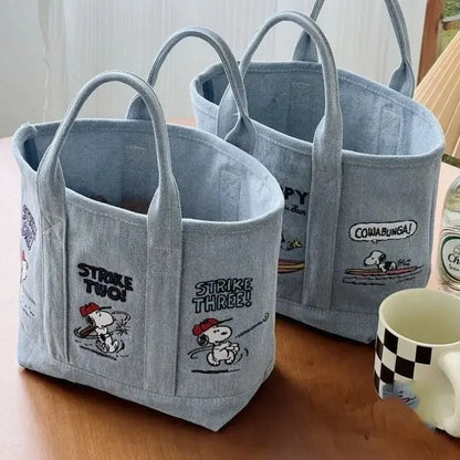 Canvas Mom Bag Snoopy Cute Kawaii Embroidered, Girls Student Outing Lunch Office Bag, Large Capacity Cartoon Print