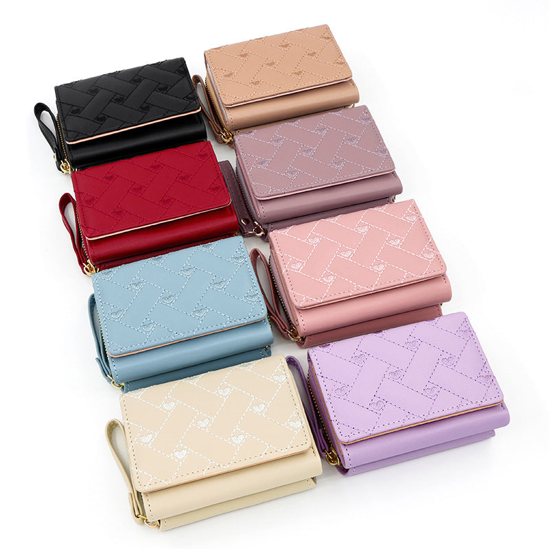 Multi Objects Pocket, Women's Wallet, Tri Fold Card Bag, Korean Minimalist, Embroidered Love Pattern