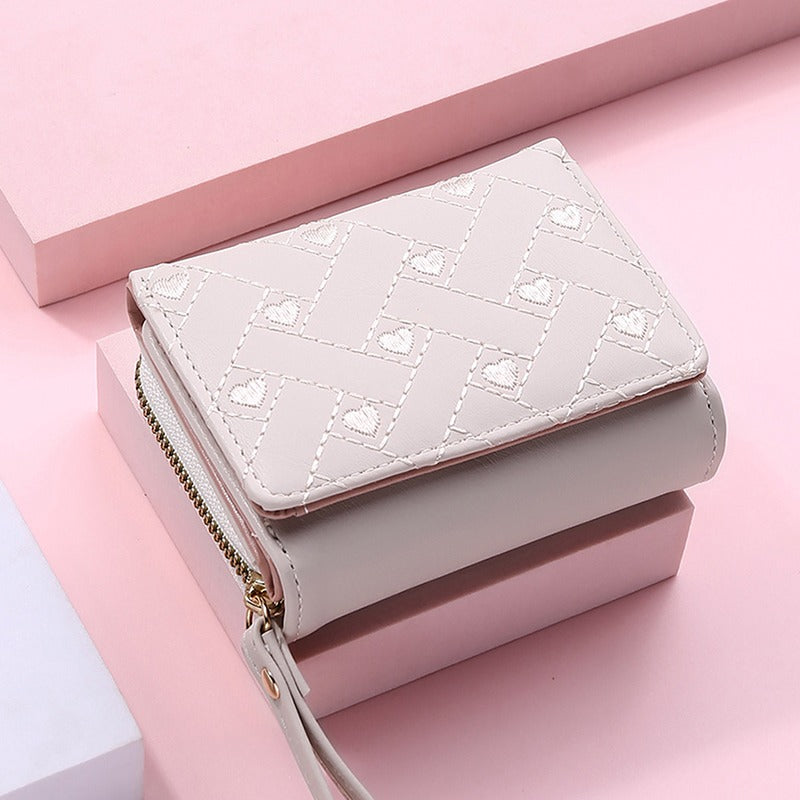Multi Objects Pocket, Women's Wallet, Tri Fold Card Bag, Korean Minimalist, Embroidered Love Pattern
