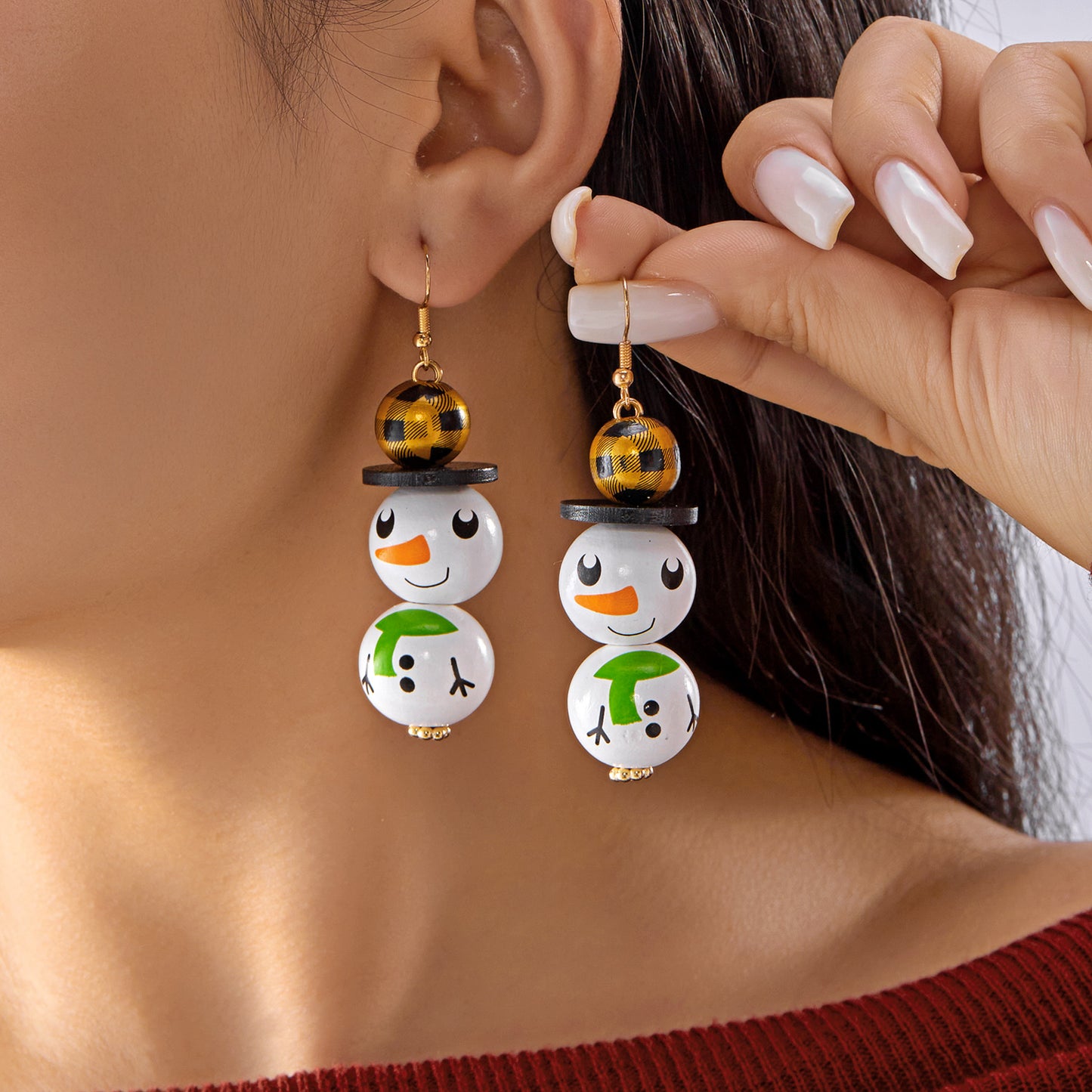 Dangle Earrings For Women Cute Santa, Cartoon Wooden Pattern Xmas Snowman, Wood Beads Earring, Christmas Party, New Year