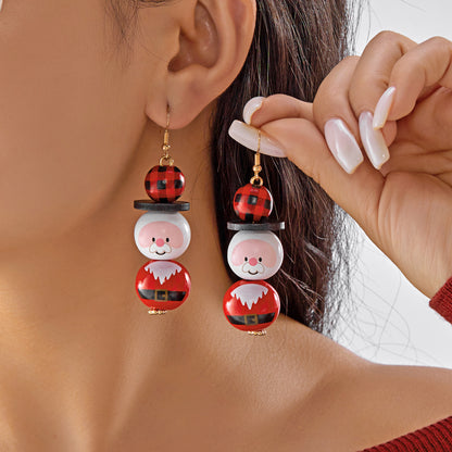 Dangle Earrings For Women Cute Santa, Cartoon Wooden Pattern Xmas Snowman, Wood Beads Earring, Christmas Party, New Year