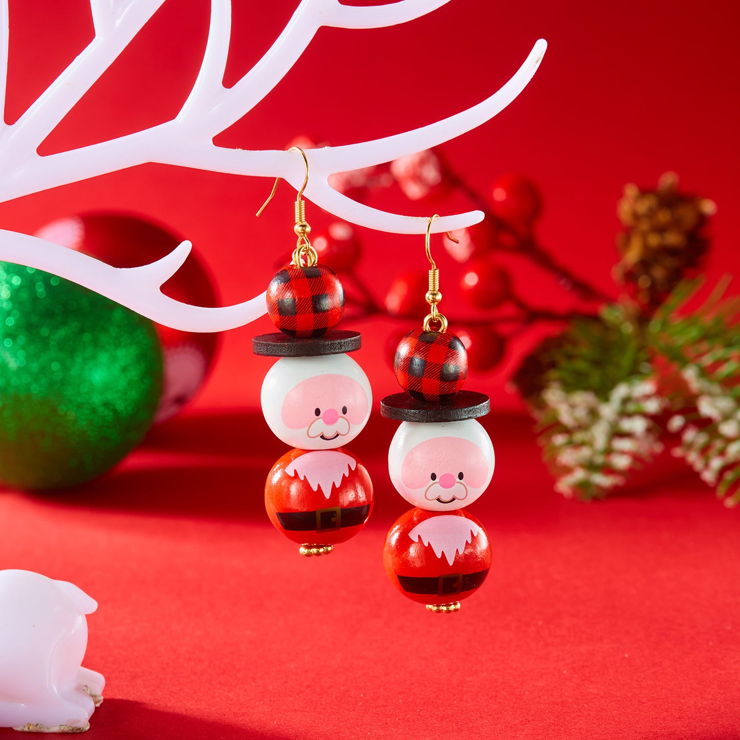 Dangle Earrings For Women Cute Santa, Cartoon Wooden Pattern Xmas Snowman, Wood Beads Earring, Christmas Party, New Year