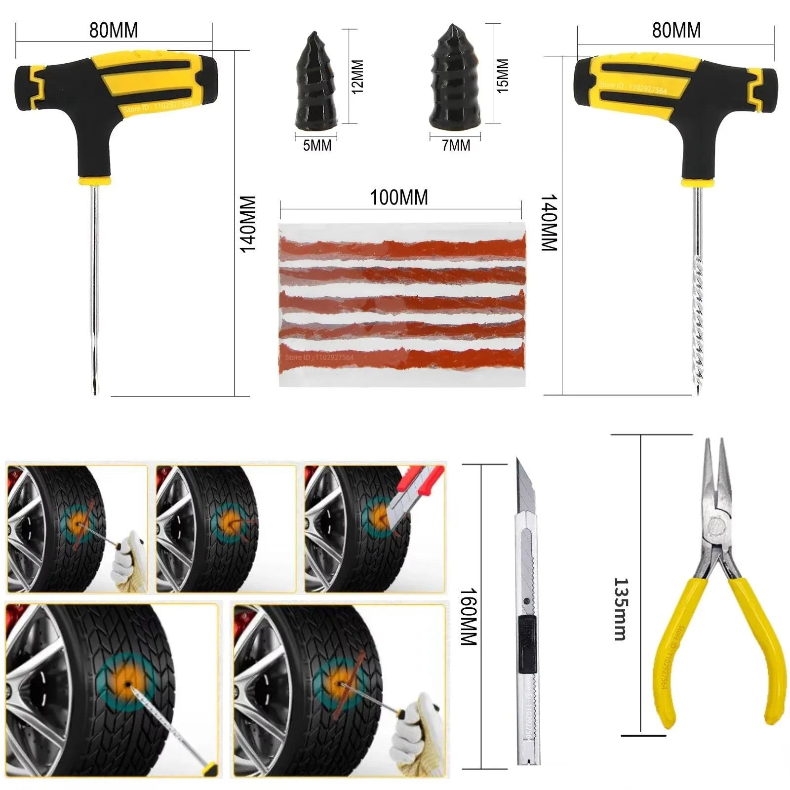 RoadGuard Complete Tire Repair Kit Emergency Plug  Seal Set With Tire Strips  Glue 1