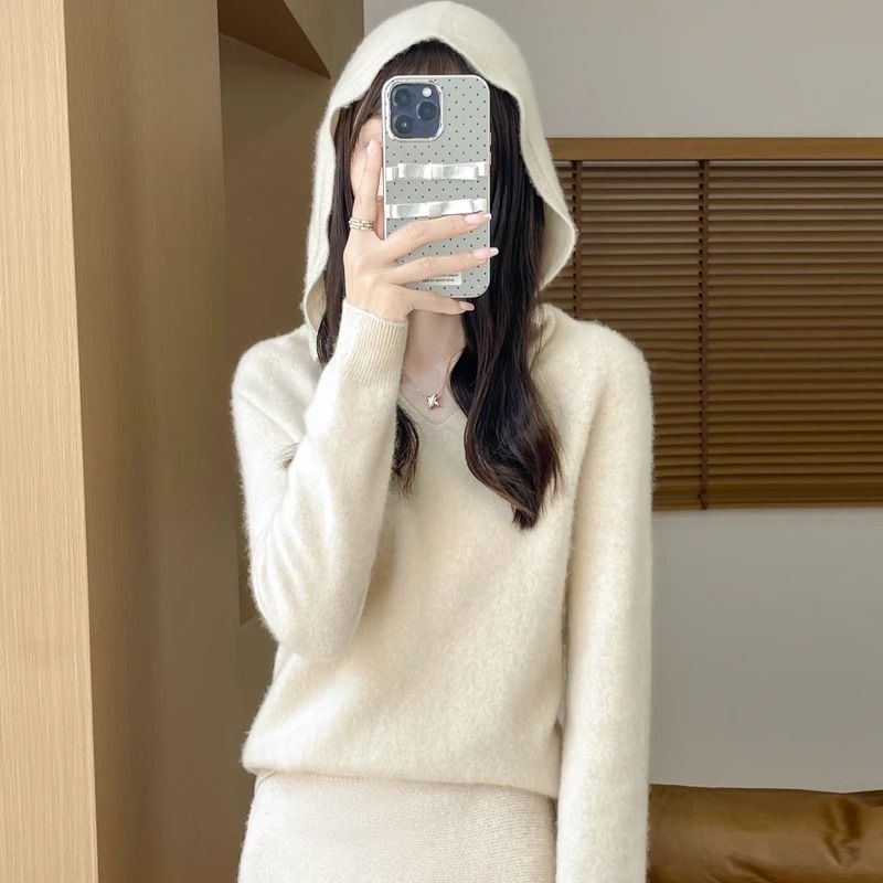Merino Wool Hooded Pullover Sweater For Women 11