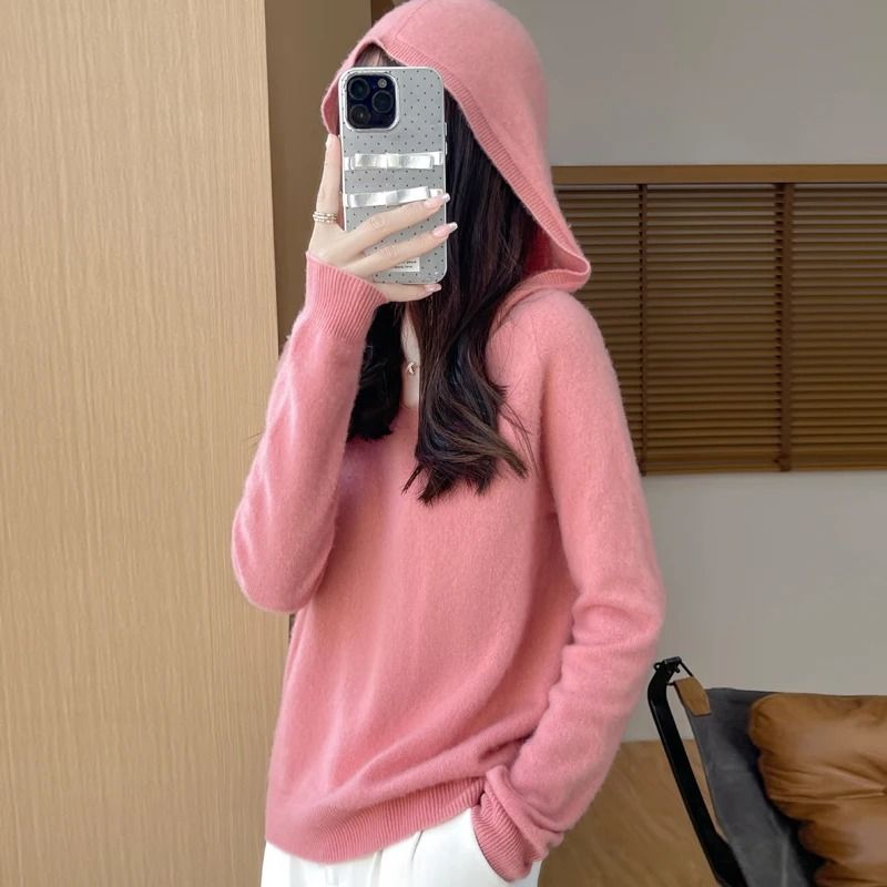Merino Wool Hooded Pullover Sweater For Women 13