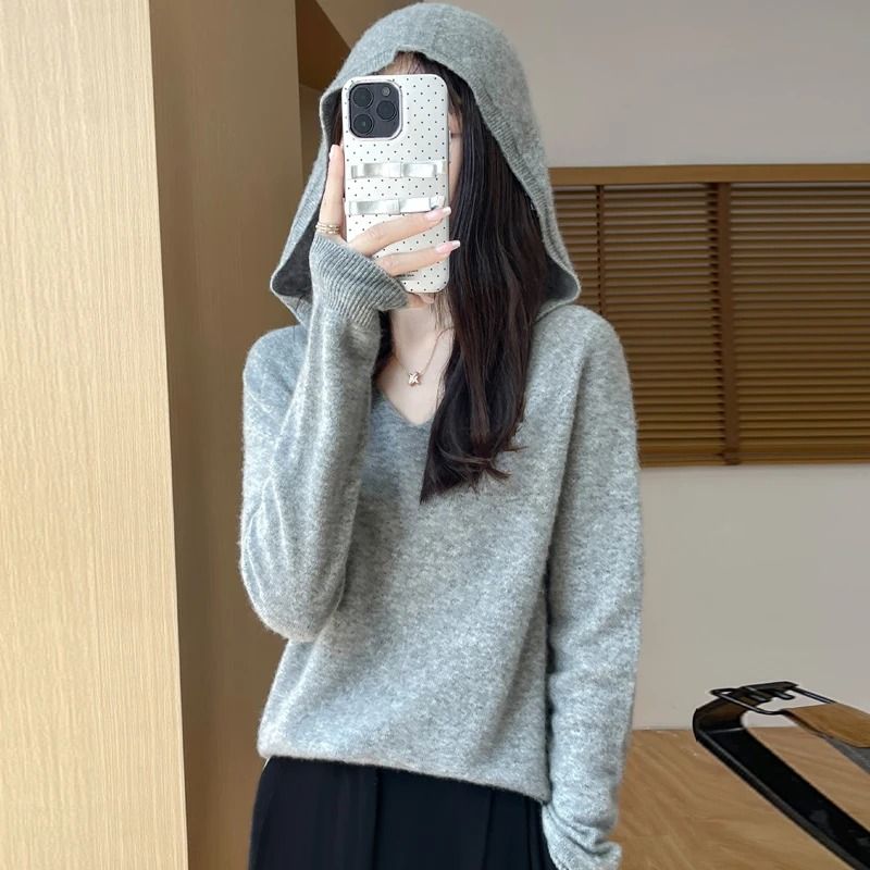 Merino Wool Hooded Pullover Sweater For Women 14