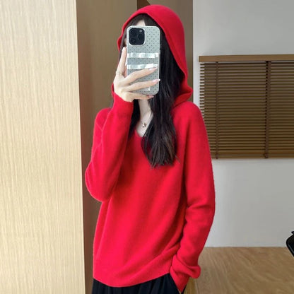 Merino Wool Hooded Pullover Sweater For Women 17