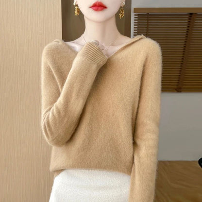 Merino Wool Hooded Pullover Sweater For Women 5