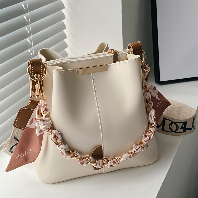 Large Capacity Ribbon Chain Bucket, New Fashion Women's Shoulder Bag, Daily Commuting Crossbody Bag