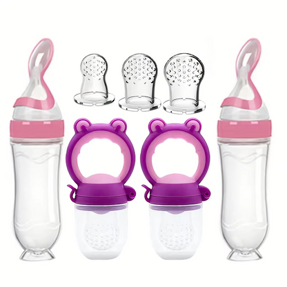 Soft Silicone Feeding Bottle With Spoon Fruit Feeder Pacifier With Nipples Baby Feeding Set 7