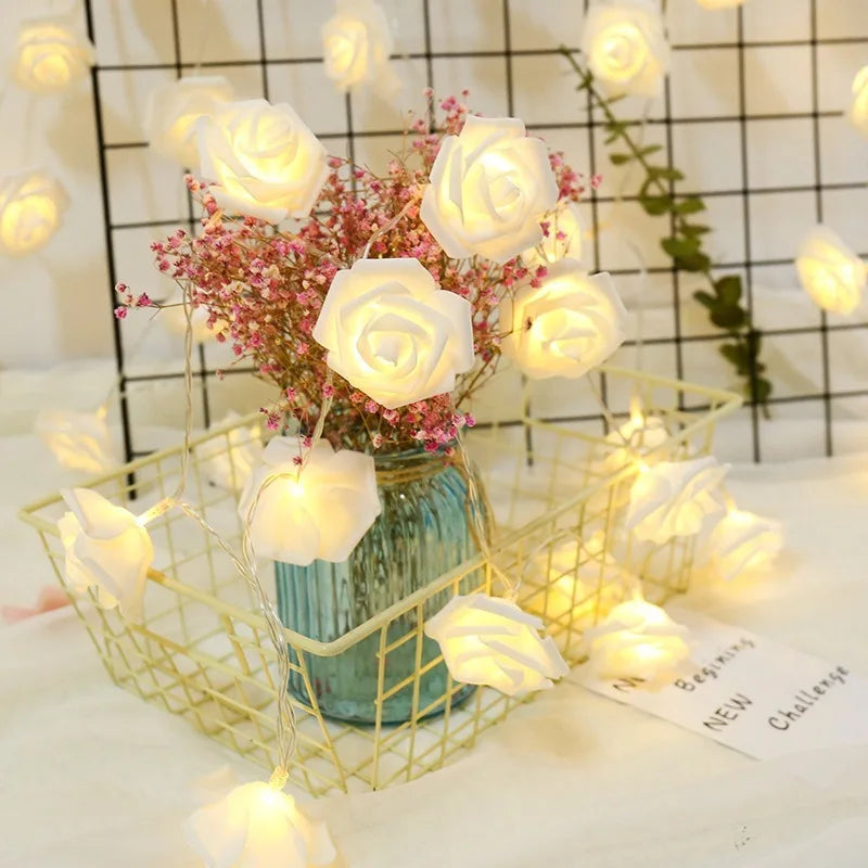 Romantic Red Pink White Rose Lights, Artificial Flowers Led Lamp, Rose Flower String Lights Battery Operated for Bedroom
