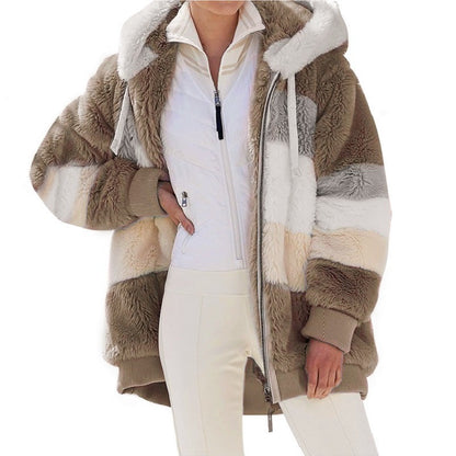 New Autumn Winter Warm Plush Pocket Hooded, Oversized Jacket for Women, Streetwear Loose Lady Outerwear Coat