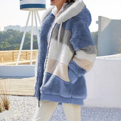New Autumn Winter Warm Plush Pocket Hooded, Oversized Jacket for Women, Streetwear Loose Lady Outerwear Coat