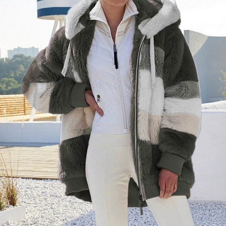 New Autumn Winter Warm Plush Pocket Hooded, Oversized Jacket for Women, Streetwear Loose Lady Outerwear Coat