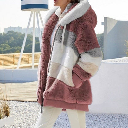 New Autumn Winter Warm Plush Pocket Hooded, Oversized Jacket for Women, Streetwear Loose Lady Outerwear Coat