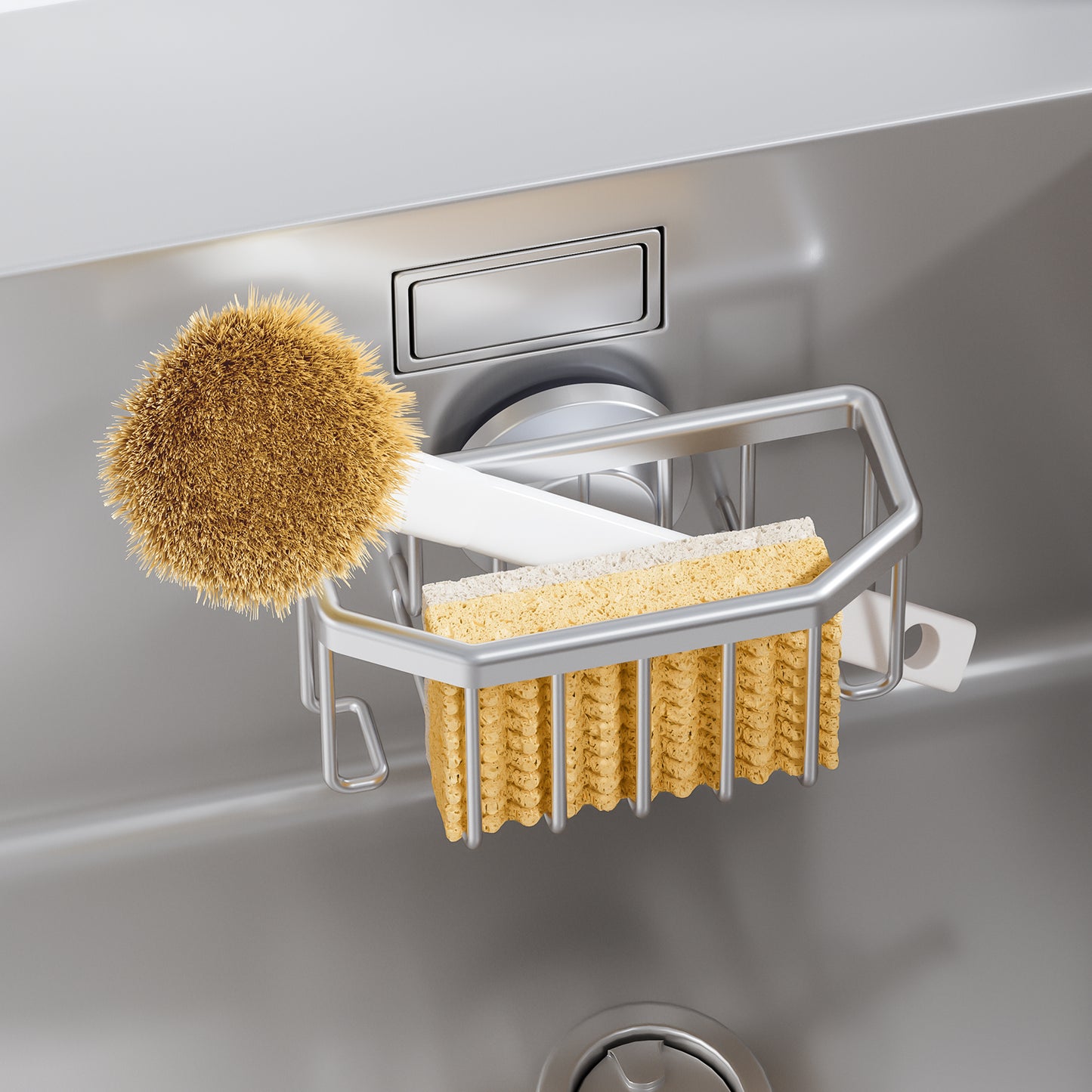 Rustproof Aluminum Sink Caddy, Strong Suction Cup, Removable Sponge Holder for Kitchen Sink, Brush Organizer