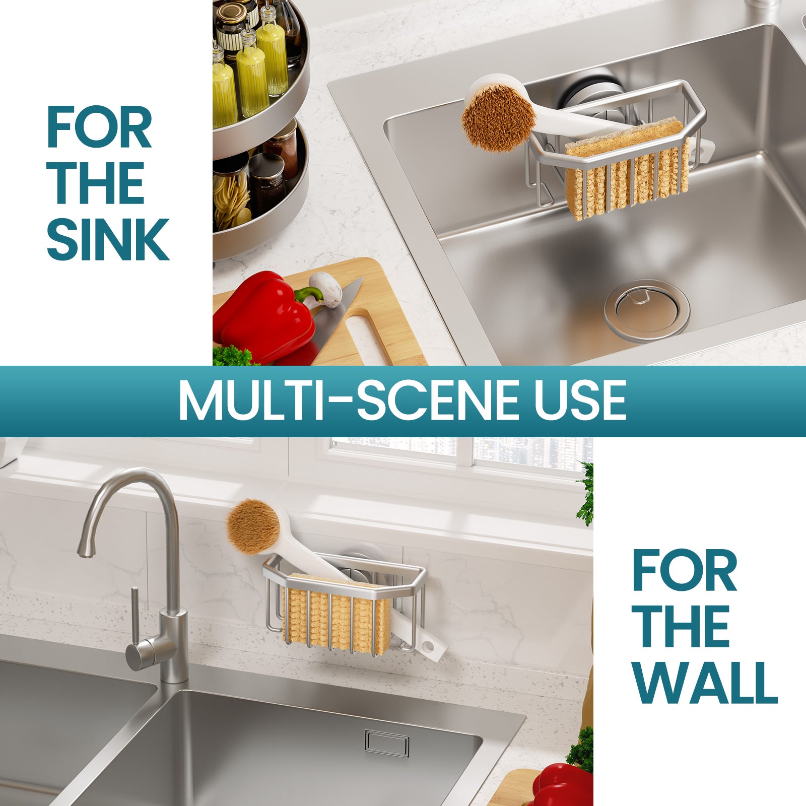 Rustproof Aluminum Sink Caddy Strong Suction Cup Removable Sponge Holder For Kitchen Sink Brush Org 4