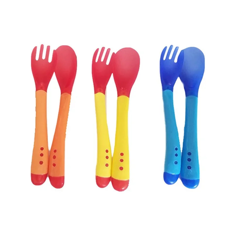 Soft BPA-Free Temperature Sensing Baby Spoon, Anti-Scald Feeding Flatware, Solid Fork Set for Newborn Safety