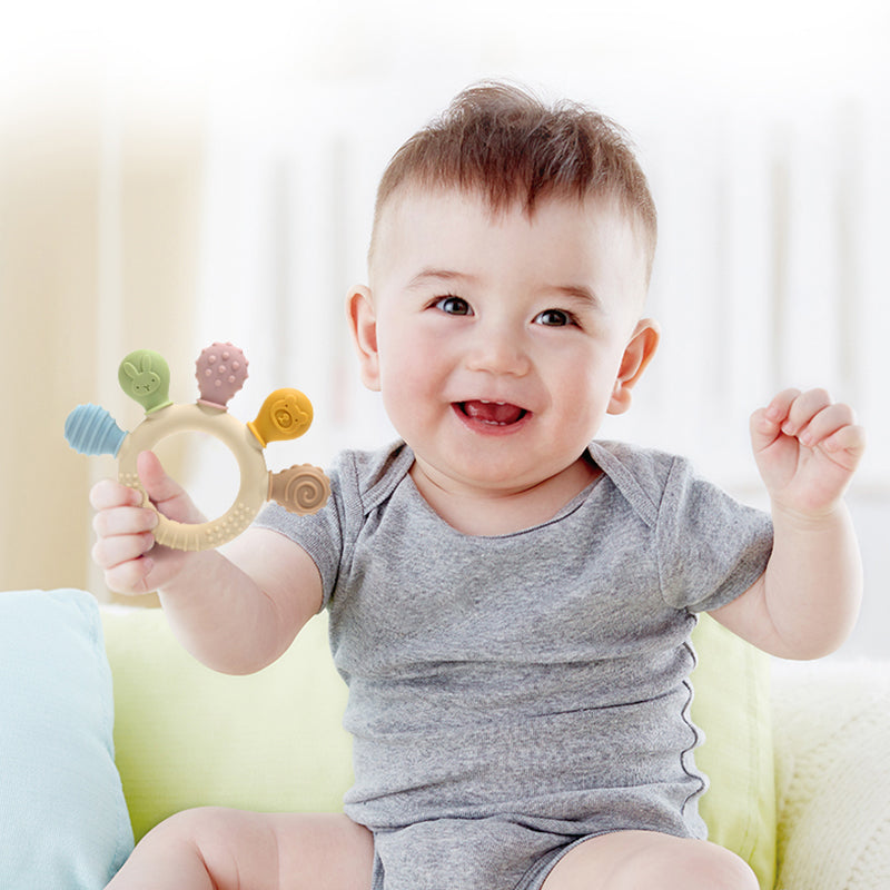 Multicolor silicone baby ring teether, chew beads for sensory gum relief, anxiety-soothing teething toy for months