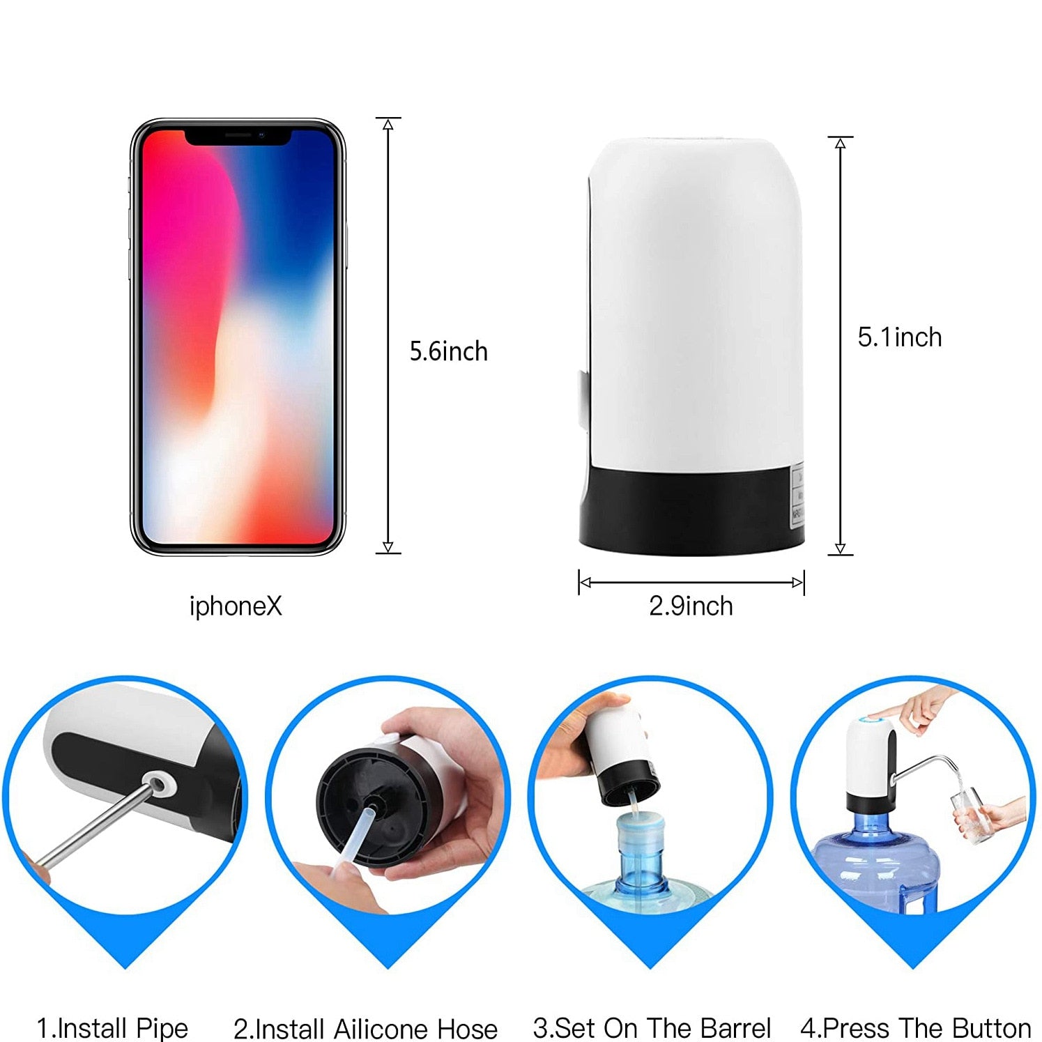 White Water Bottle Pump USB Charging Drink Dispenser Auto Switch One Click Drinking Pump Black Opti 4