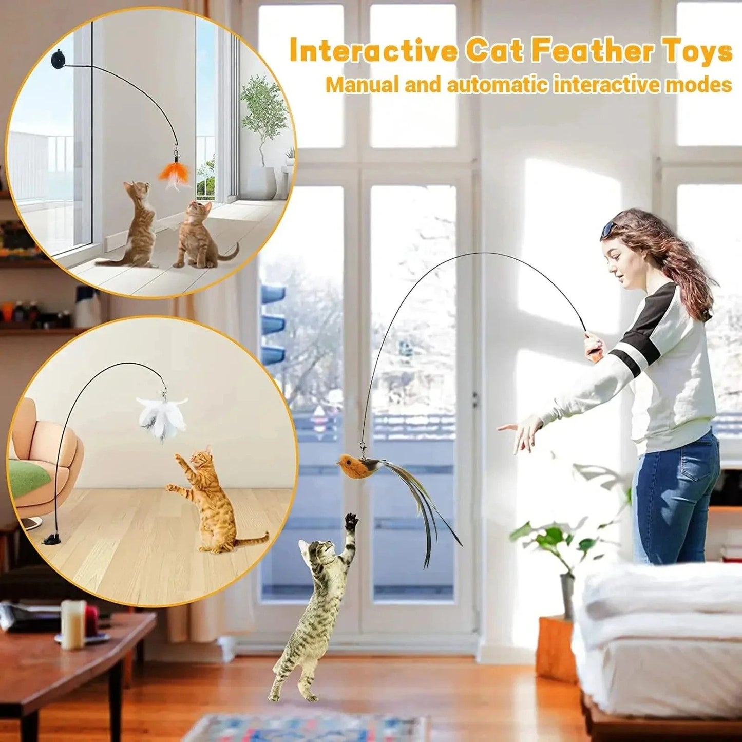 FeatherBird Interactive Cat Wand Premium SuctionStick Teaser For Confident Indoor Cats 6