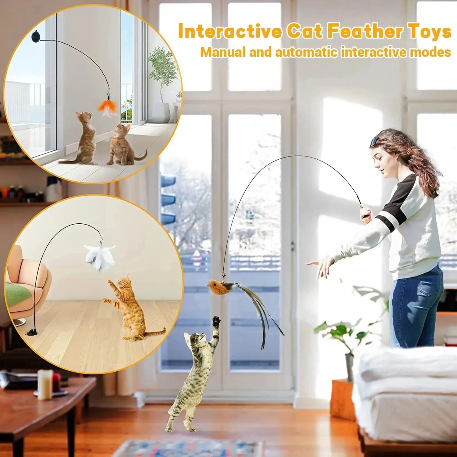 FeatherBird Interactive Cat Wand Premium SuctionStick Teaser For Confident Indoor Cats 6