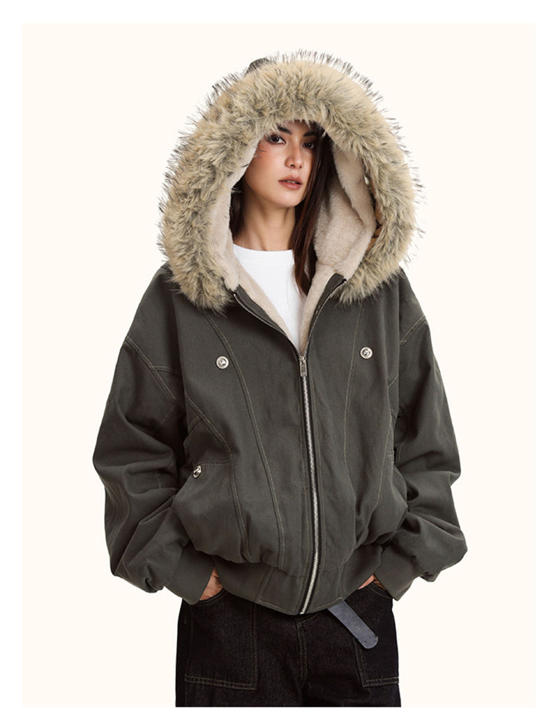 Fur Collar Hooded Parkas, Thicken Padded Jackets, Gothic Women&Men Winter Coats, Casual Zipper Streetwear
