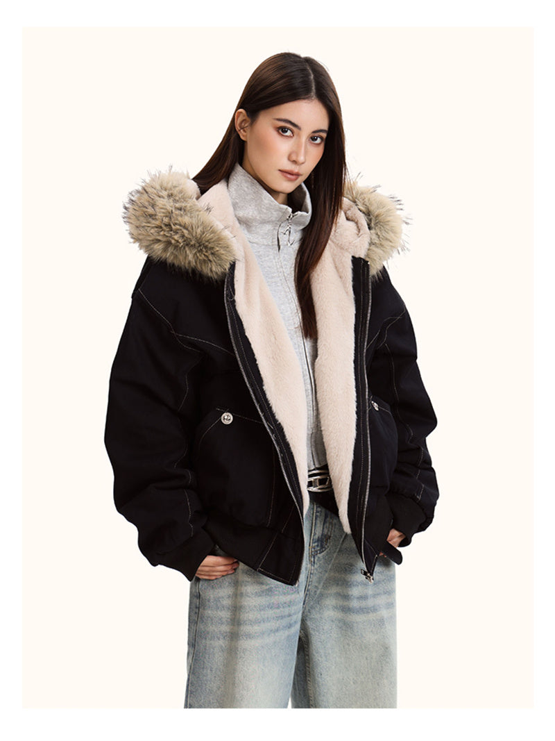 Fur Collar Hooded Parkas, Thicken Padded Jackets, Gothic Women&Men Winter Coats, Casual Zipper Streetwear