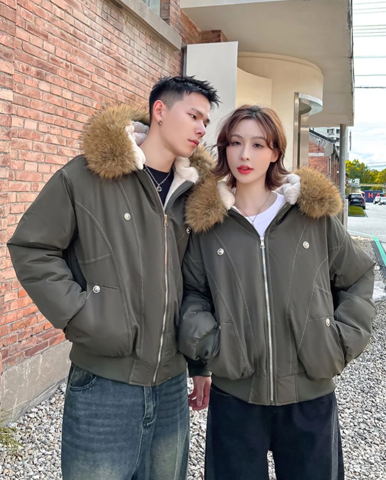 Fur Collar Hooded Parkas, Thicken Padded Jackets, Gothic Women&Men Winter Coats, Casual Zipper Streetwear