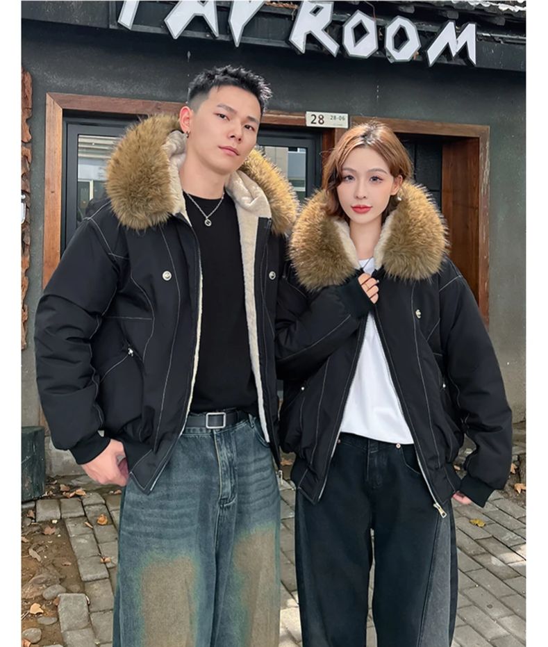 Fur Collar Hooded Parkas, Thicken Padded Jackets, Gothic Women&Men Winter Coats, Casual Zipper Streetwear