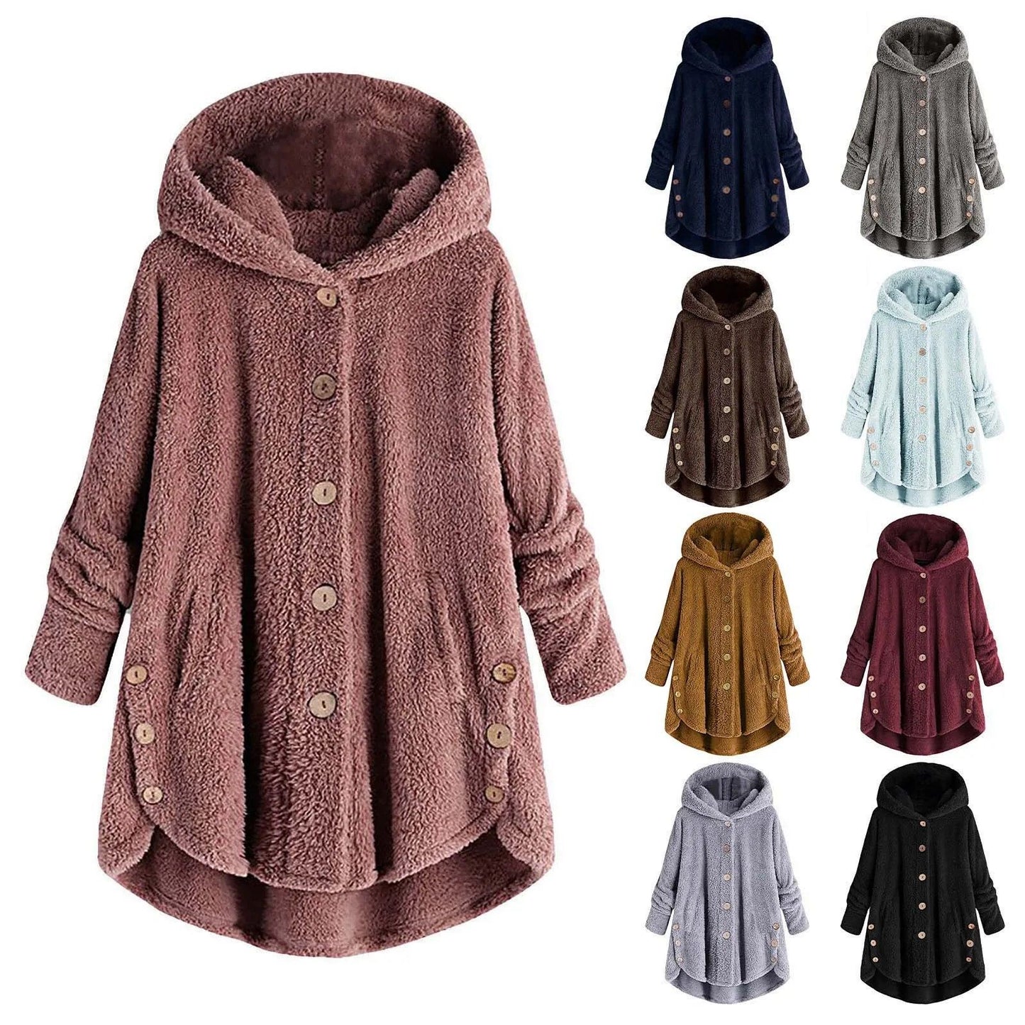 CosyHood Wool Blend Hooded Womens Coat, Warm Autumn Winter Solid Colour Plush Jacket