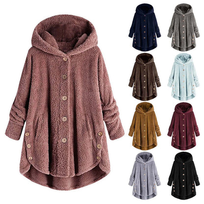 CosyHood Wool Blend Hooded Womens Coat, Warm Autumn Winter Solid Colour Plush Jacket
