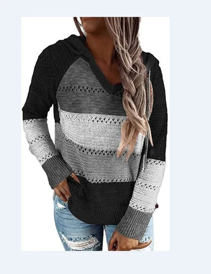 Women Patchwork Hooded Sweater Long Sleeve Knit Pullover 9