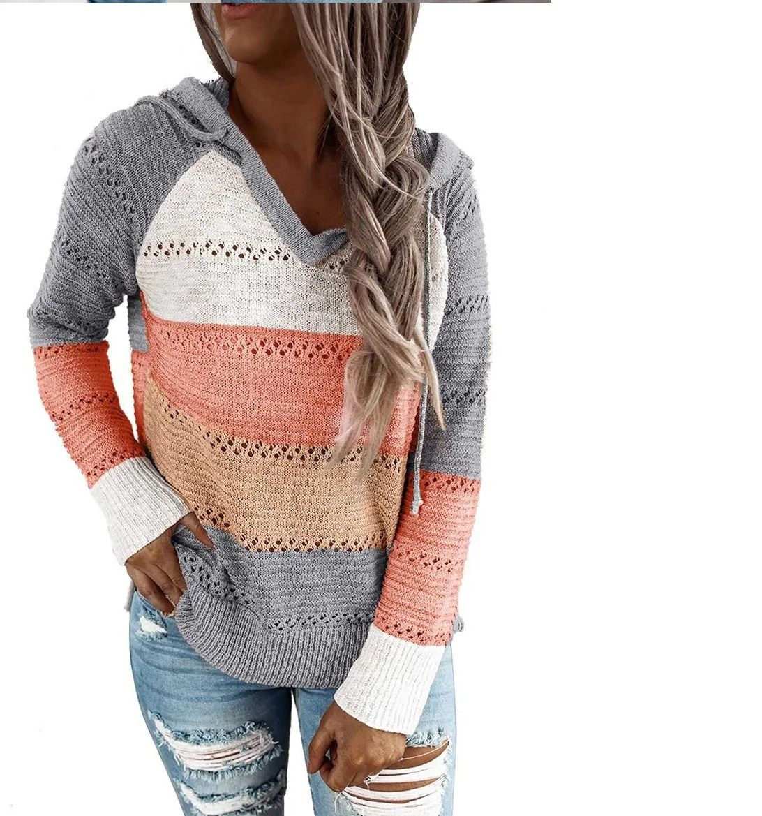 Women Patchwork Hooded Sweater Long Sleeve Knit Pullover 12
