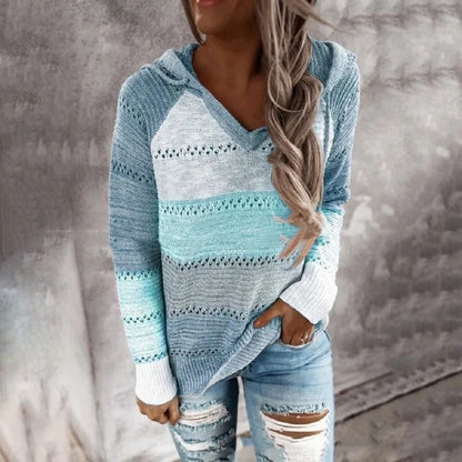 Women Patchwork Hooded Sweater Long Sleeve Knit Pullover 1