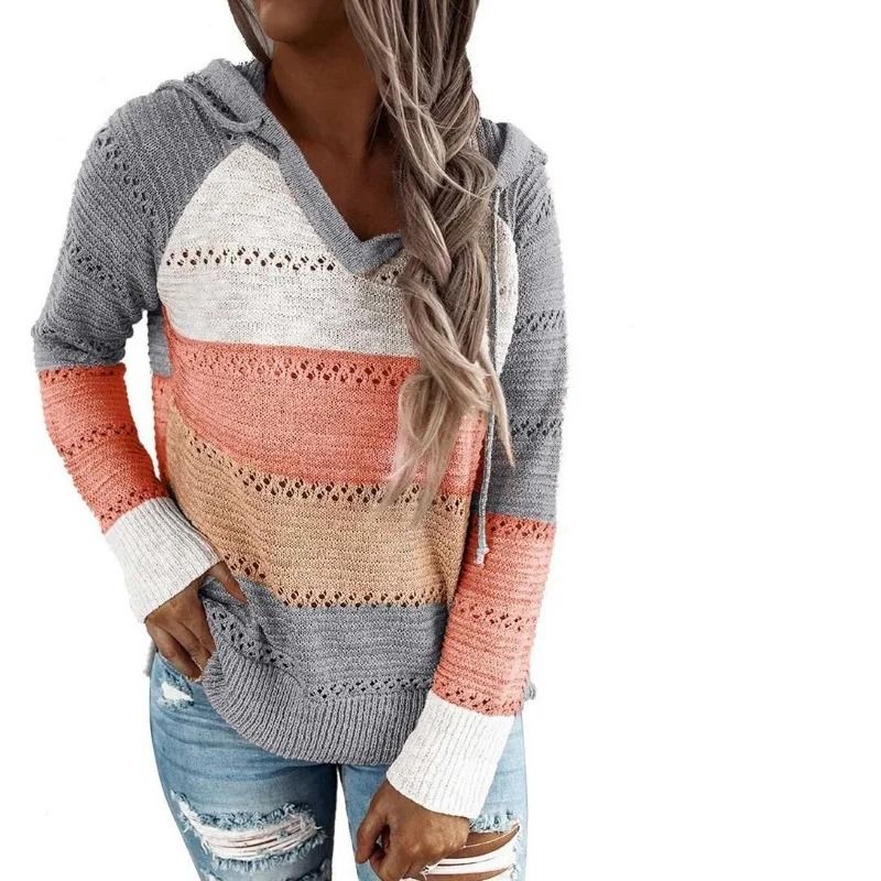 Women Patchwork Hooded Sweater Long Sleeve Knit Pullover 5