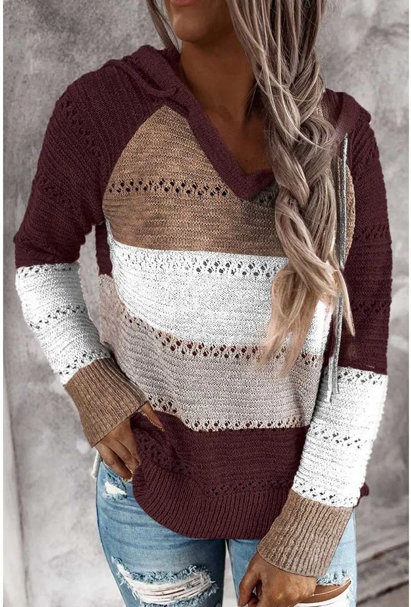 Women Patchwork Hooded Sweater Long Sleeve Knit Pullover 7