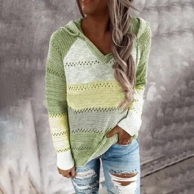 Women Patchwork Hooded Sweater Long Sleeve Knit Pullover 8