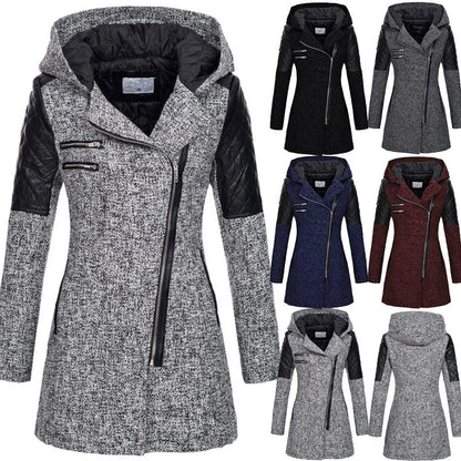 Autumn & Winter Hooded Woolen Diagonal-Zip Coat for Women