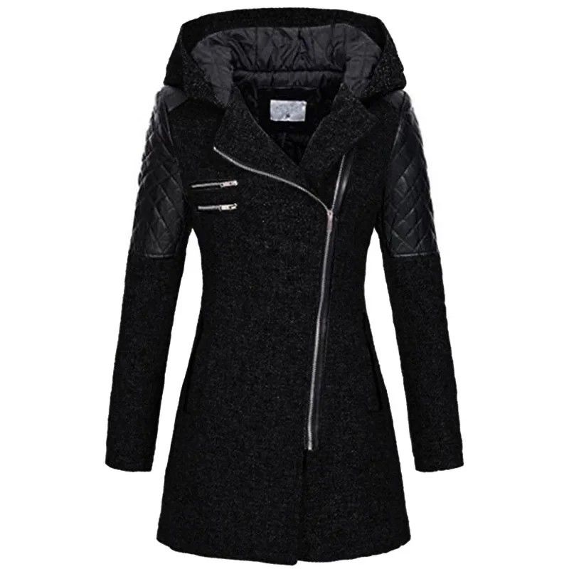 Autumn  Winter Hooded Woolen DiagonalZip Coat For Women 9