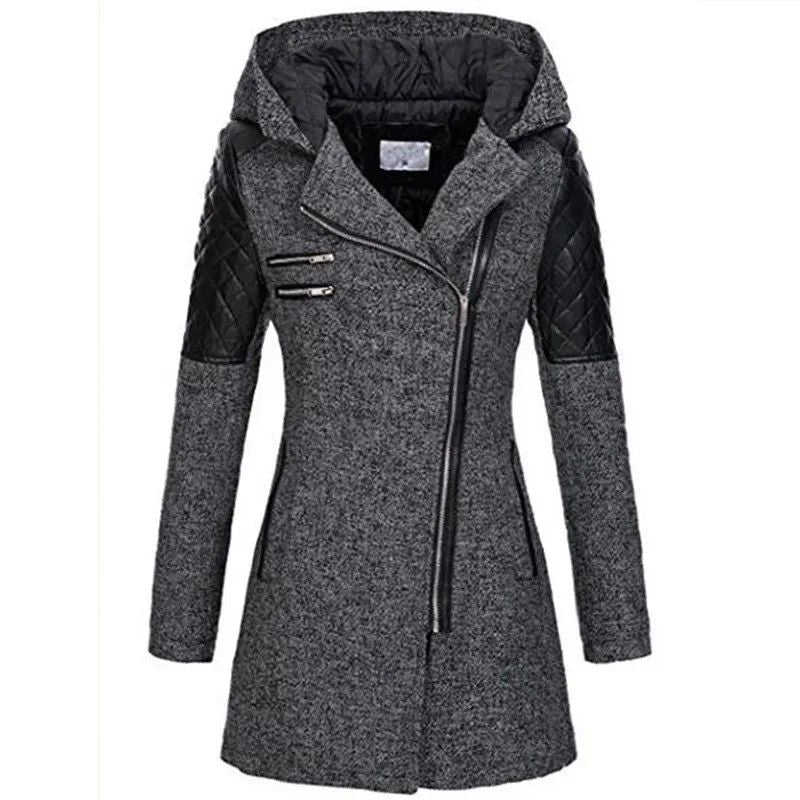 Autumn  Winter Hooded Woolen DiagonalZip Coat For Women 3