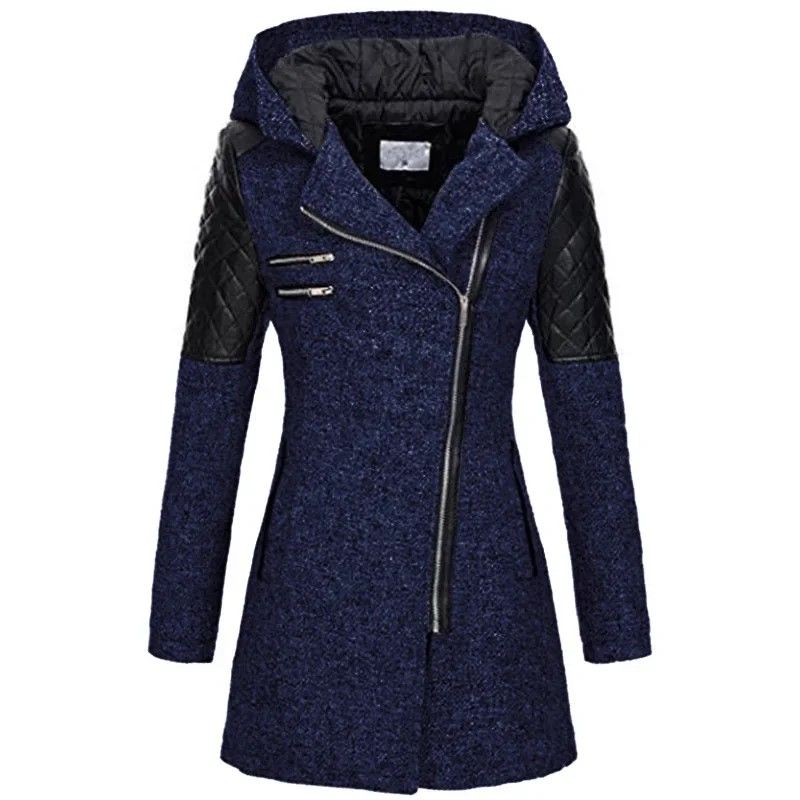 Autumn  Winter Hooded Woolen DiagonalZip Coat For Women 5