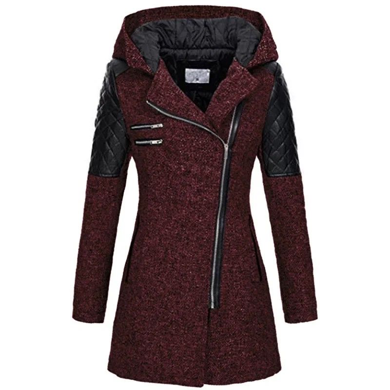 Autumn  Winter Hooded Woolen DiagonalZip Coat For Women 7