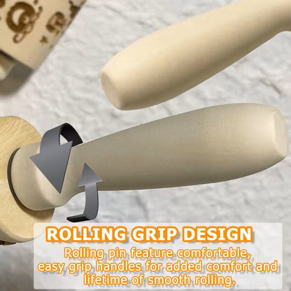 Christmas Embossed Wooden Rolling Pin – 3D Engraved Holiday Cookie & Baking Roller